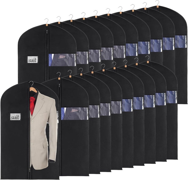 KEEGH 40" Suit Cover Bags for Men (Set of 20) Garment Bags for Hanging Clothes, Suit Bags for Closet Storage or Travel, Clothes Cover for Suits Coats with Clear Window and Label Pocket, Black - Image 1